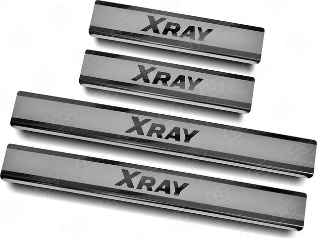 Накладки RusStal на пороги (лист нерж. шлифованный с надписью) для Lada Xray I 2015-2026. Артикул LDXRY15-03