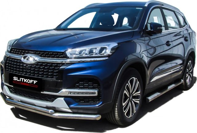 Защита Slitkoff переднего бампера d57+d42 двойная для Chery Tiggo 8 2018-2026. Артикул CT8-001