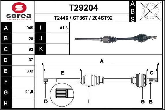 Полуось (привод в сборе, приводной вал) EAI. Артикул T29204