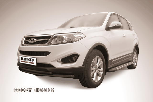 Защита Slitkoff переднего бампера d57/42 двойная радиусная ЧЕРНАЯ матовая для Chery Tiggo 5 2014-2020. Артикул CT5-002B