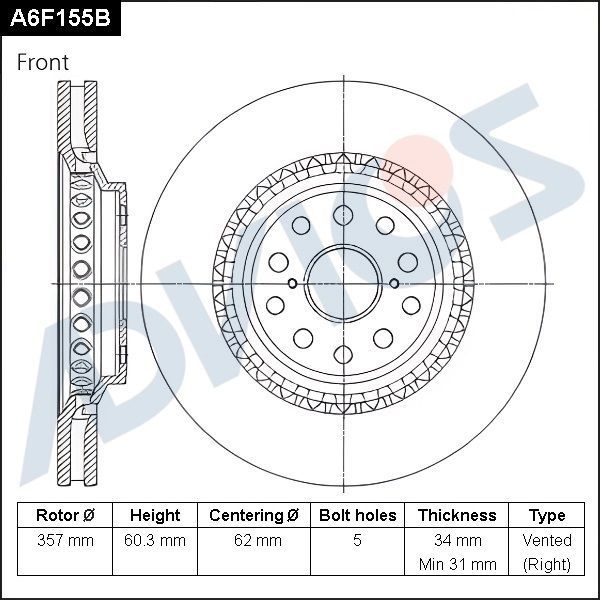 Тормозной диск Advics передний для Lexus LS I 1989-1995. Артикул A6F155B