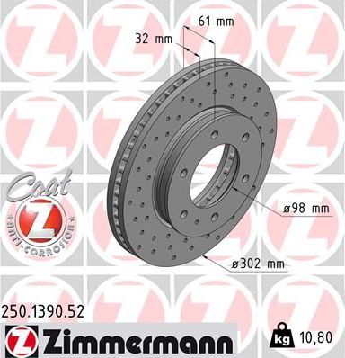 Тормозной диск Zimmermann SPORT Z передний для Mazda BT-50 I 2006-2015. Артикул 250.1390.52