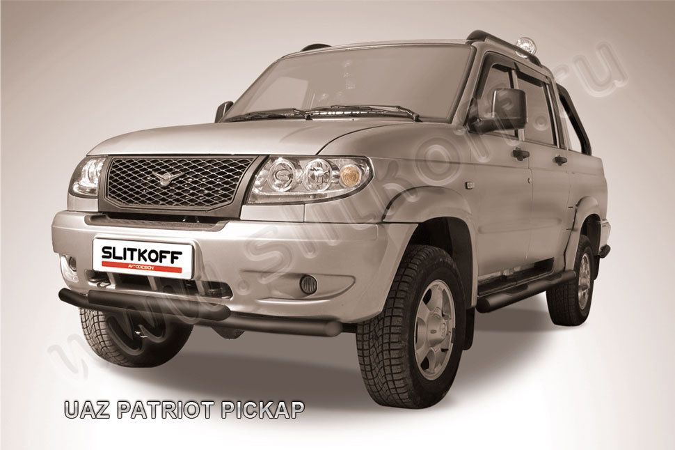 Защита Slitkoff переднего бампера d57/57 двойная ЧЕРНАЯ матовая для УАЗ Pickup 2007-2014. Артикул UPpic003B