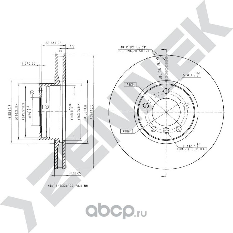 Диск тормозной передний BMW 5 E39 95-04 (Zennek). Артикул DBD0280