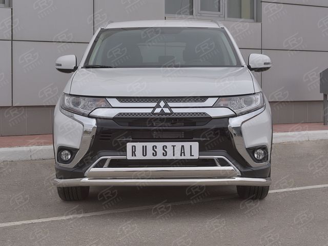 Защита RusStal переднего бампера d63 (секции) d75х42 (дуга) для Mitsubishi Outlander III 3-й рестайлинг 2018-2026. Артикул MOZ-003203
