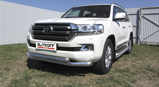 Защита Slitkoff переднего бампера d76+d57 двойная для Toyota Land Cruiser 200 рестайлинг 2015-2021. Артикул TLC2-15-004