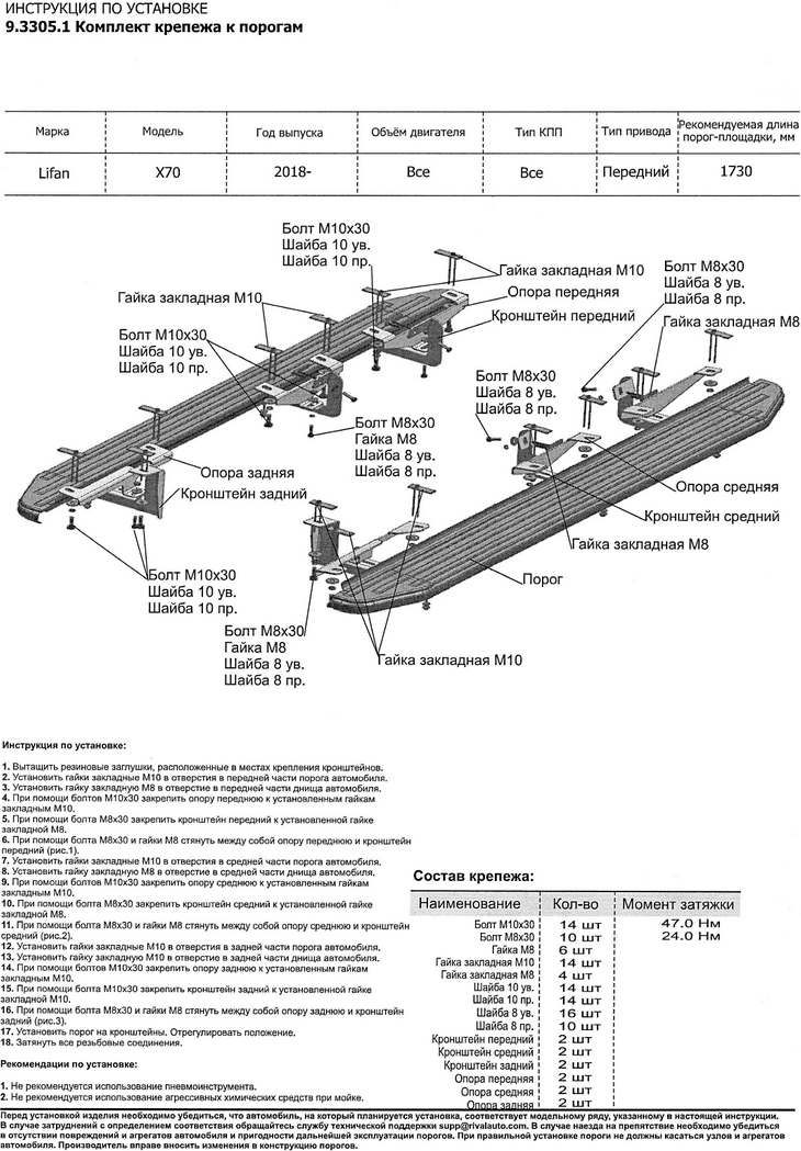 Комплект крепежа к порогам Rival для Lifan X70 2018-2026, сталь. Артикул 9.3305.1