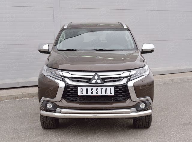 Защита RusStal переднего бампера d76 секция-d42 дуга для Mitsubishi Pajero Sport III 2016-2020. Артикул MPJSZ-002482