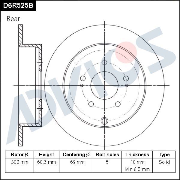 Тормозной диск Advics задний для Mitsubishi Grandis 2004-2011. Артикул D6R525B