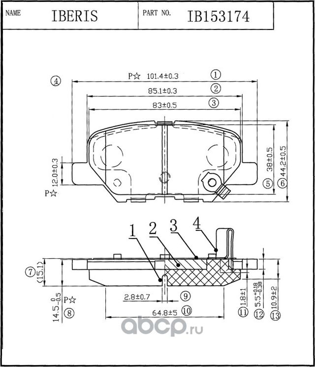 КОЛОДКИ ТОРМ.ЗАД., К-Т MAZDA 6 III (GJ), ASX (GA_W_), OUTLANDER III (Iberis). Артикул IB153174