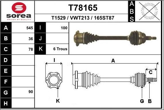 Полуось (привод в сборе, приводной вал) EAI. Артикул T78165