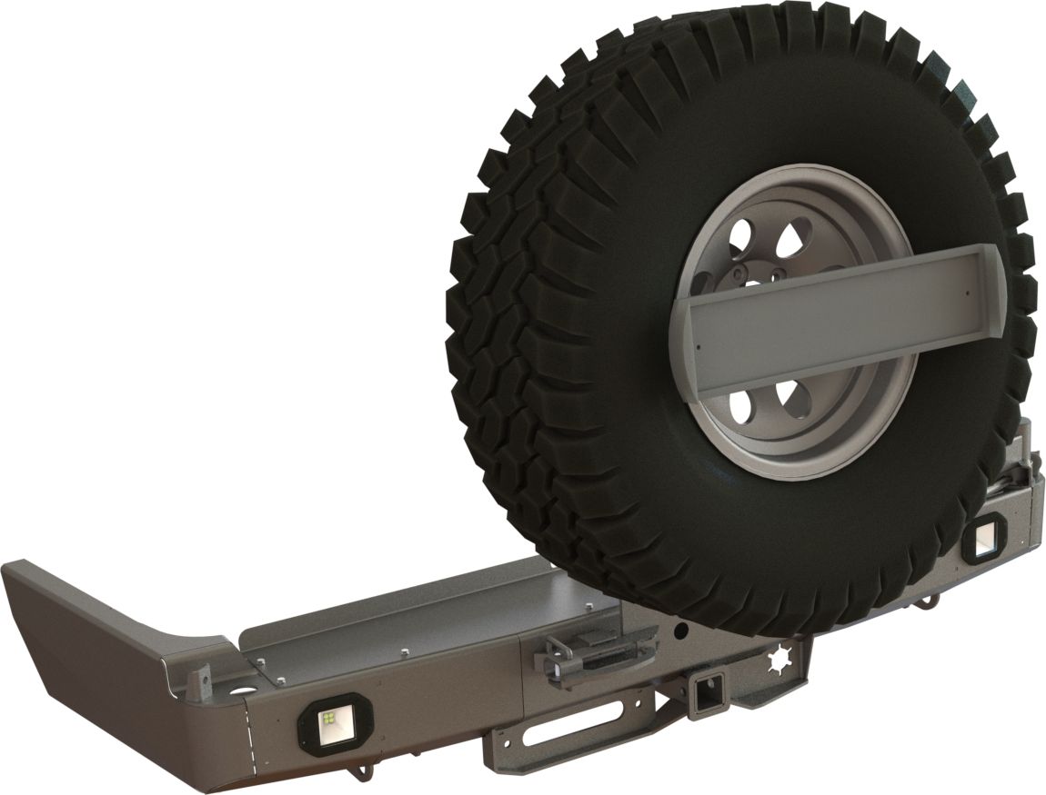 Бампер силовой задний STC для Toyota Land Cruiser 80 1990-1997 с квадратом под фаркоп, площадкой для лебедки, кронштейном крепления запасного колеса по центру, кронштейном крепления гос номера и фарами заднего хода/ ПТФ. Артикул STC-TLC80-BR-W-C1-L2