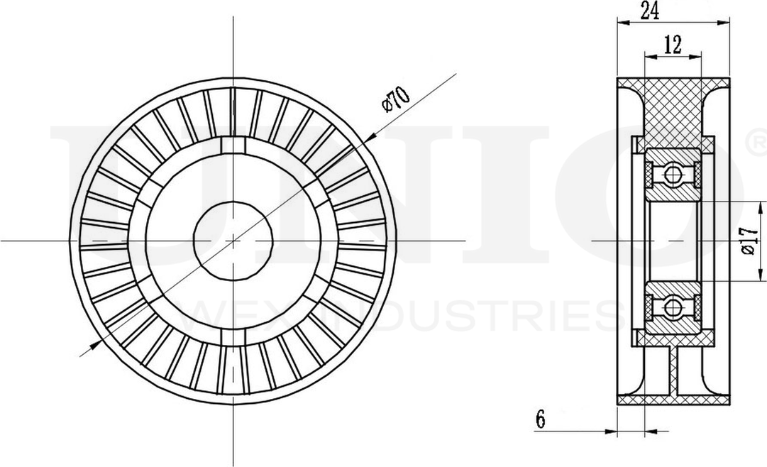 Ролик поликлинового ремня натяжной (Unio). Артикул TNS-10243