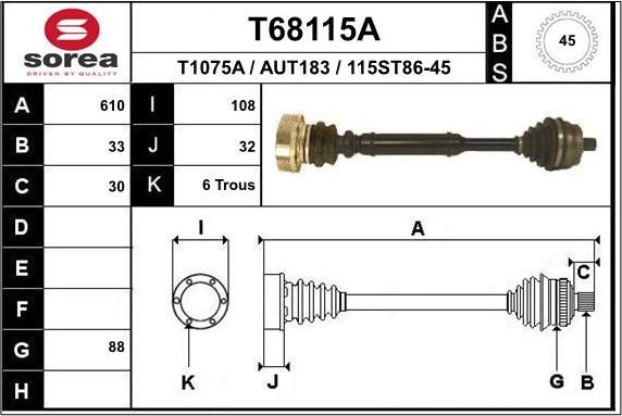 Полуось (привод в сборе, приводной вал) EAI передняя левая для Audi A4 I (B5) 1994-2001. Артикул T68115A