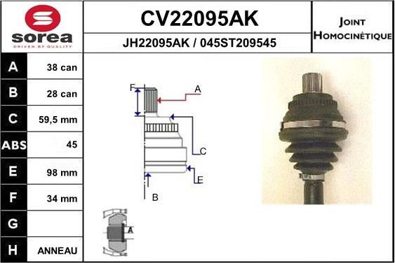 Шрус внутренний (граната) EAI передний для Audi V8 1988-1994. Артикул CV22095AK