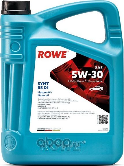 Масло моторное 5W30 ROWE 5л НС-синтетик HIGHTEC SYNT RS D1 SN/PLUS RC ILSAC GF-5. Артикул 20212005099