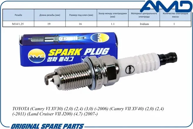Свеча зажигания (Iridium) TOYOTA (Camry VI XV30) (2,0) (2,4) (3,0) (-2006) (AMD). Артикул AMD.PL83