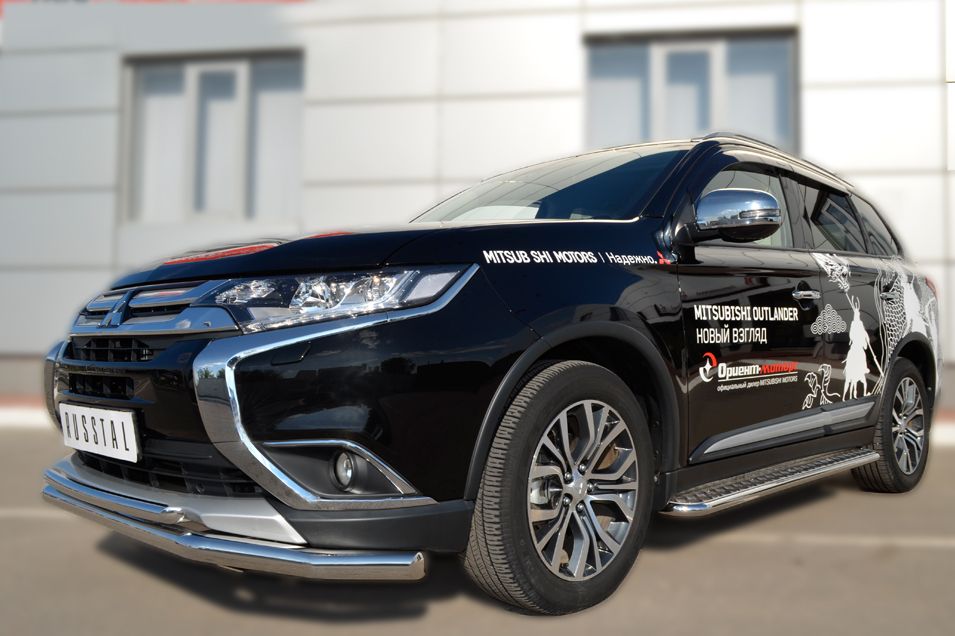 Защита RusStal переднего бампера d63 (секции) d42 (дуга) для Mitsubishi Outlander III 2015-2018. Артикул MOZ-002106