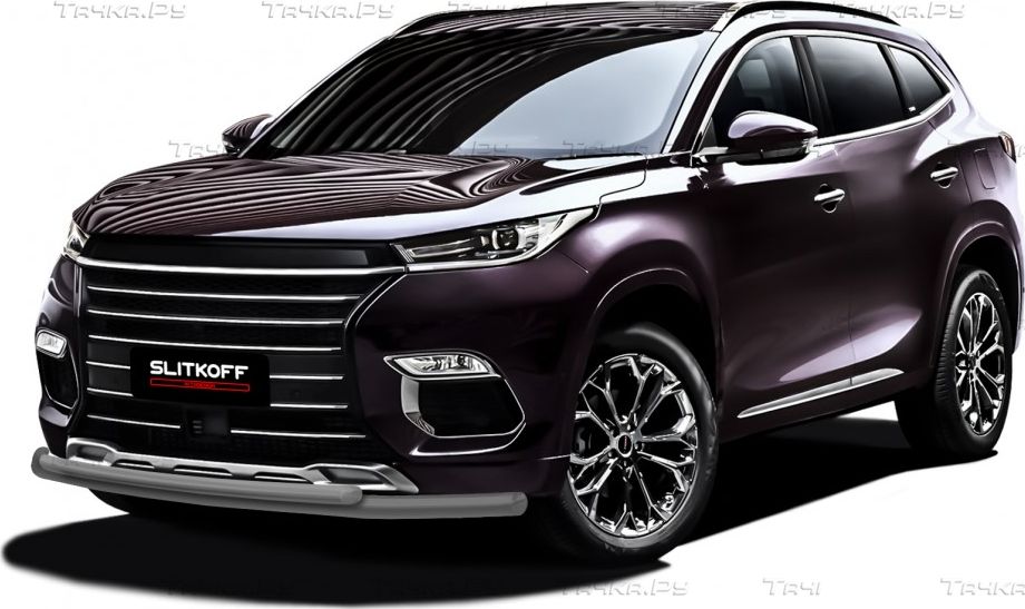 Защита Slitkoff переднего бампера d57/42 двойная для Exeed TXL 2020-2026 Серебристая. Артикул CHEX-TXL-002S