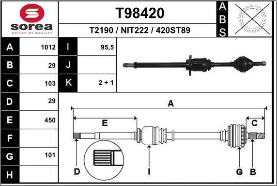 Полуось (привод в сборе, приводной вал) EAI. Артикул T98420