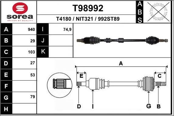 Полуось (привод в сборе, приводной вал) EAI. Артикул T98992