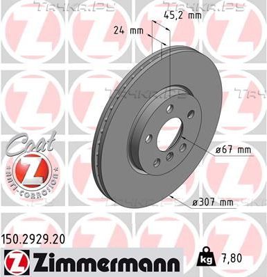 Тормозной диск Zimmermann Coat Z передний для MINI Clubman II (F54) 2014-2026. Артикул 150.2929.20
