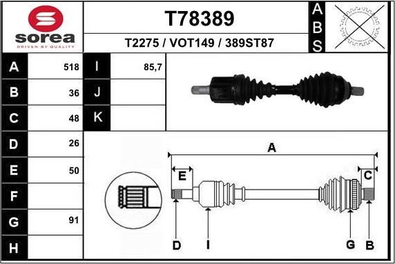 Полуось (привод в сборе, приводной вал) EAI передняя левая для Volvo C70 II 2006-2013. Артикул T78389