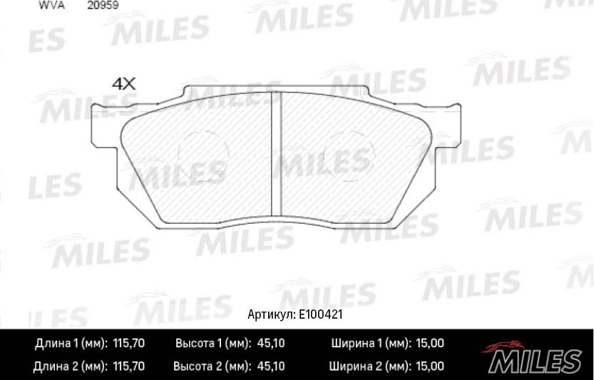 Тормозные колодки Miles (Semi-Metallic). Артикул E100421