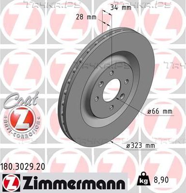 Тормозной диск Zimmermann Coat Z передний для Citroen DS3 I 2009-2015. Артикул 180.3029.20