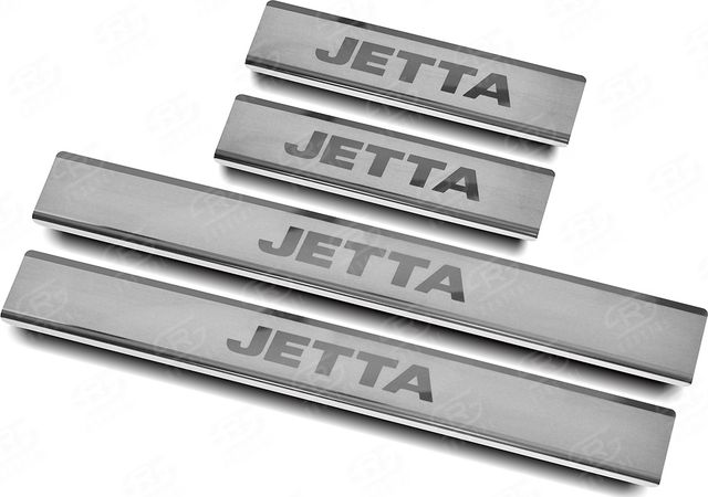 Накладки RusStal на пороги (лист нерж. шлифованный с надписью) для Volkswagen Jetta VI 2014-2018. Артикул VWJET14-03