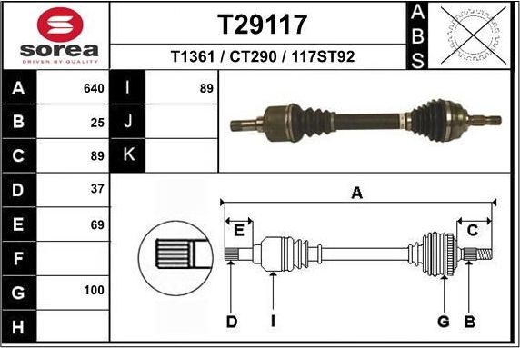 Полуось (привод в сборе, приводной вал) EAI передняя левая для Citroen C5 I 2001-2004. Артикул T29117