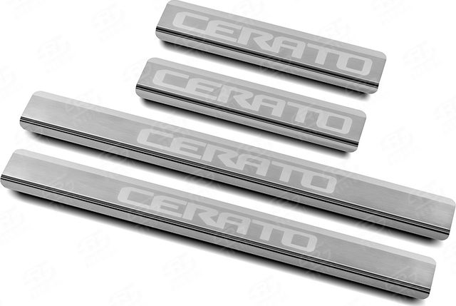 Накладки RusStal на пороги (лист нерж., шлифованный, надпись) для Kia Cerato IV 2018-2026. Артикул KICER18-03