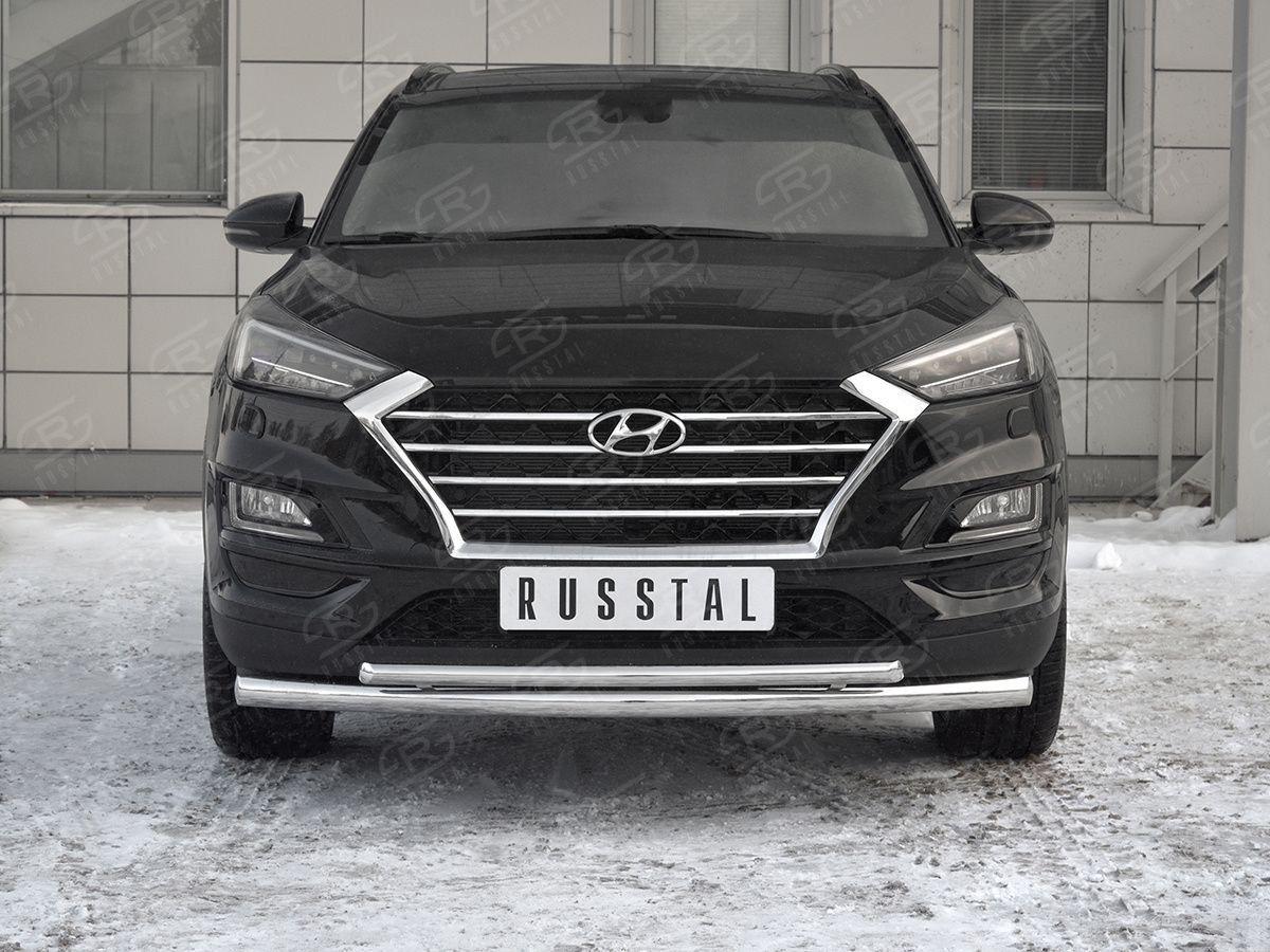 Защита RusStal переднего бампера d63 секции-d42 дуга для Hyundai Tucson III рестайлинг 2018-2026. Артикул HTZ-003095