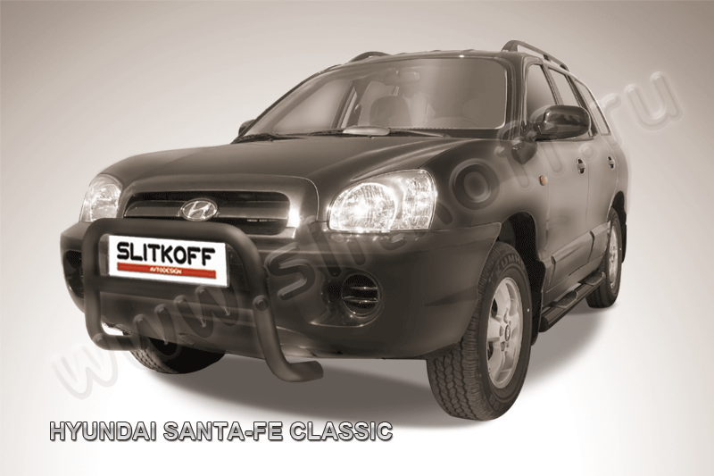 Кенгурятник Slitkoff d57 низкий ЧЕРНЫЙ матовый для Hyundai Santa Fe Classic (Таганрог) 2001-2013. Артикул HSFT008B