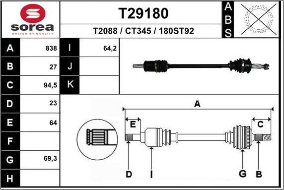 Полуось (привод в сборе, приводной вал) EAI. Артикул T29180