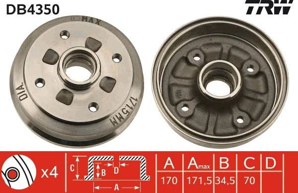 Тормозной барабан TRW для Mazda Demio I (DW) 1996-2002. Артикул DB4350