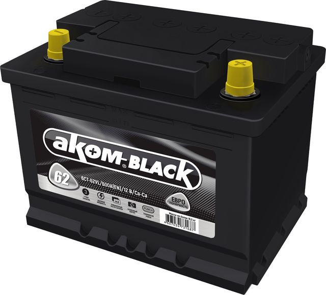 Аккумулятор АКОМ BLACK 62 А/ч обратная R+ 242x175x190 EN600 А (Akom). Артикул 6CT620LABLACK