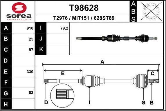 Полуось (привод в сборе, приводной вал) EAI. Артикул T98628