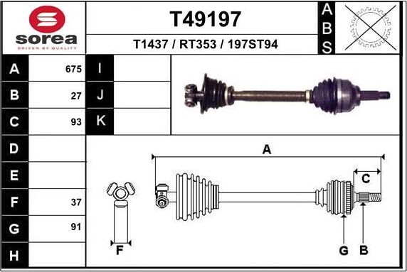 Полуось (привод в сборе, приводной вал) EAI. Артикул T49197