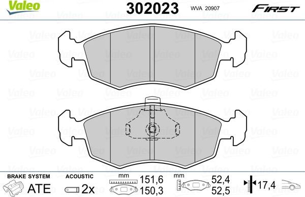 Тормозные колодки Valeo First передние для Fiat Doblo I 2001-2005. Артикул 302023