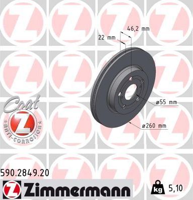 Тормозной диск Zimmermann Coat Z передний для Toyota Yaris XP210 2020-2026. Артикул 590.2849.20