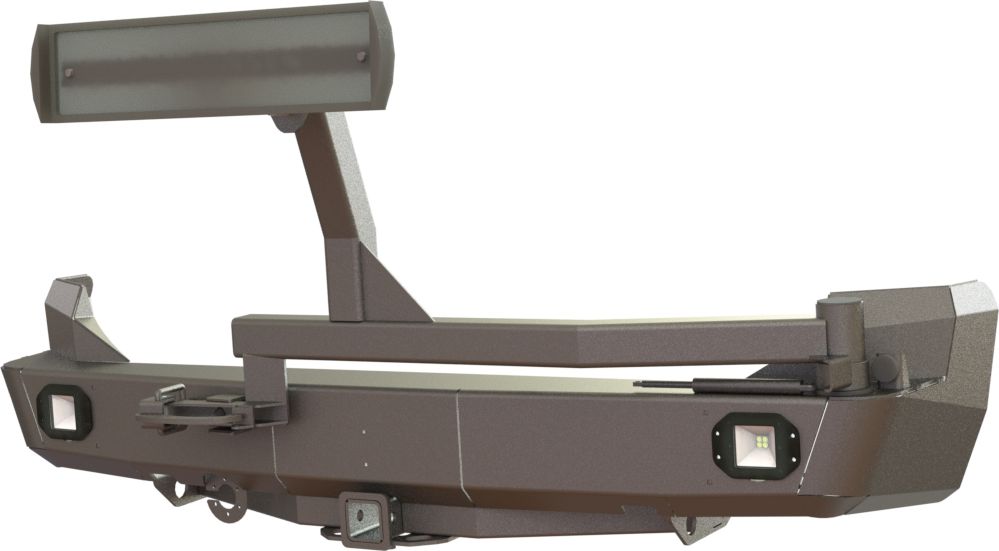 Бампер силовой STC задний для Mitsubishi Pajero Sport I 1998-2008 с квадрат под фаркоп, кронштейном крепления запасного колеса по центру, кронштейном крепления гос номера и фарами заднего хода/ПТФ. Артикул STC-MPS1-BR-C1-L2