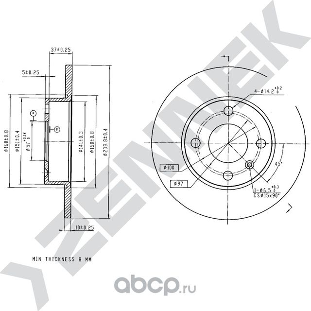 Диск тормозной задний OPEL ASTRA 98 (Zennek). Артикул DBD0053