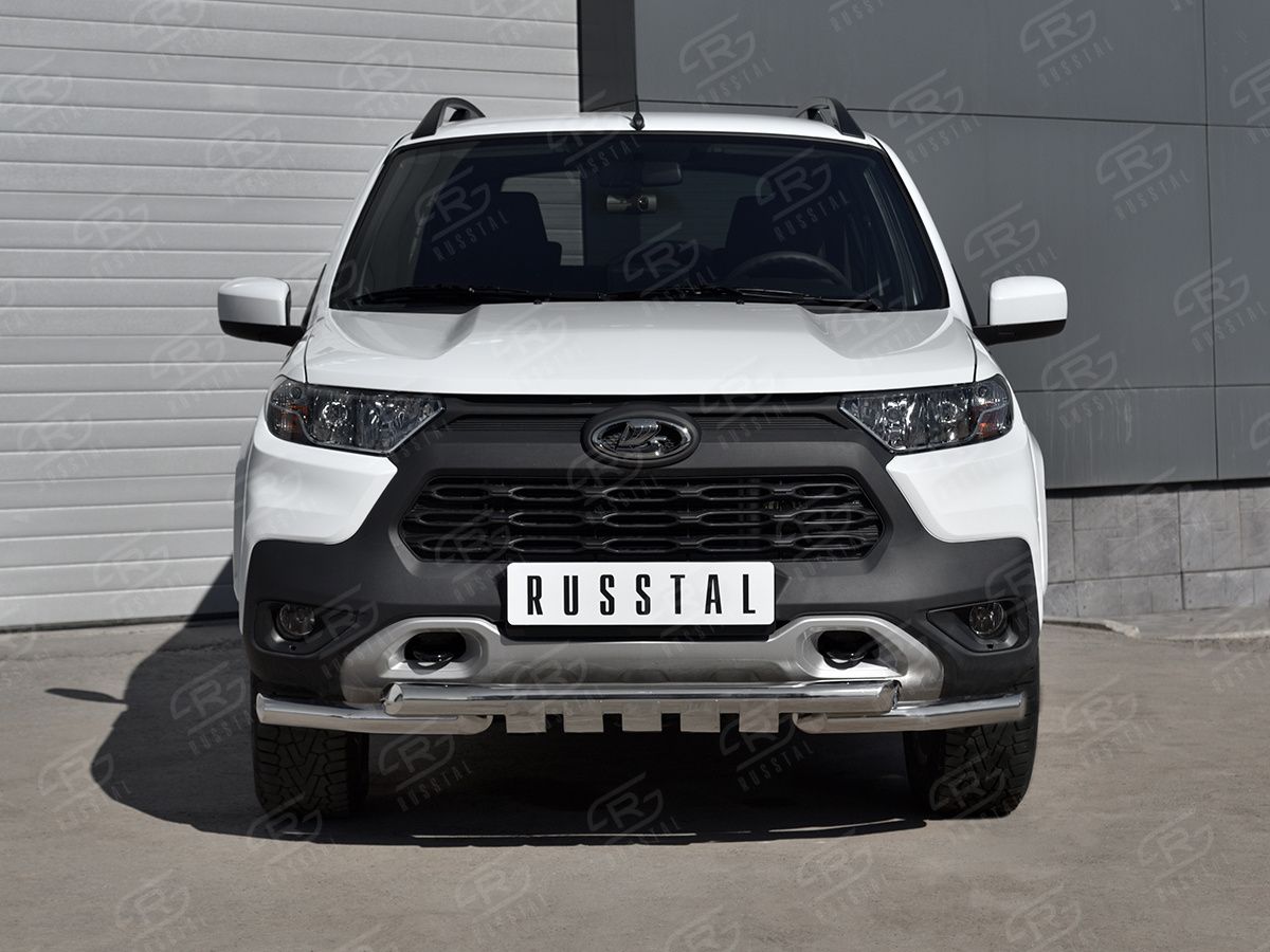 Защита RusStal переднего бампера d63 (секции) d63 (уголки+клыки) для Lada Niva Travel 2021-2026. Артикул LNTZ-003560
