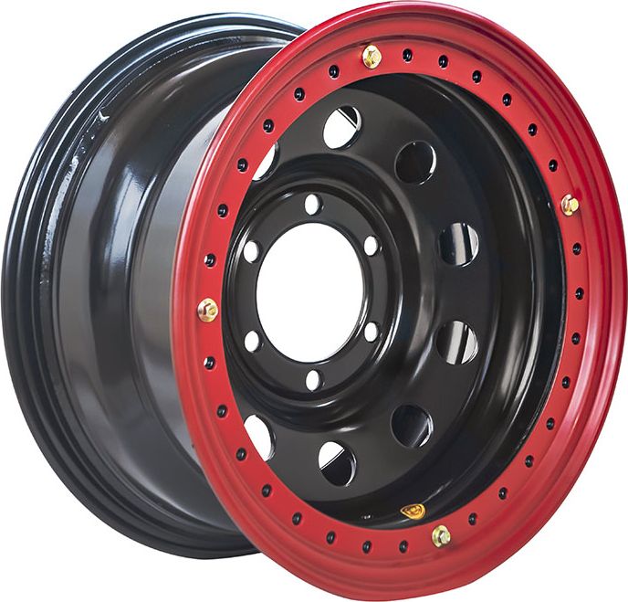 Колёсный диск OFF-ROAD Wheels усиленный стальной черный с двойным бедлоком (красный) 6x139,7 8xR16 d110 ET-19 для Fiat Fullback 2016-2026. Артикул 1680-63910BL-19 2BD-R