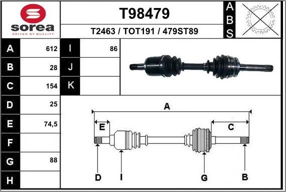 Полуось (привод в сборе, приводной вал) EAI. Артикул T98479