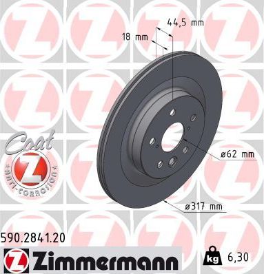 Тормозной диск Zimmermann Coat Z задний для Lexus UX I 2020-2026. Артикул 590.2841.20