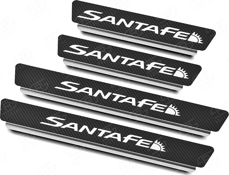 Накладки RusStal на пороги (лист нерж. карбон с надписью) для Hyundai Santa Fe IV рестайлинг 2021-2026. Артикул HYSFE21-06