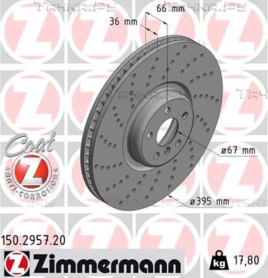 Тормозной диск Zimmermann Coat Z передний левый для BMW 5 VII (G30/G31) 2016-2026. Артикул 150.2957.20