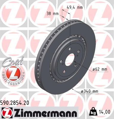 Тормозной диск Zimmermann Coat Z передний для Toyota Highlander IV (U70) 2019-2026. Артикул 590.2854.20